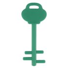 A large, green, vintage-style toy key with a round top and three rectangular teeth at the bottom.