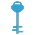 A plastic toy key in vibrant blue, featuring a round, classic key shape with a simple handle and two prongs at the bottom.