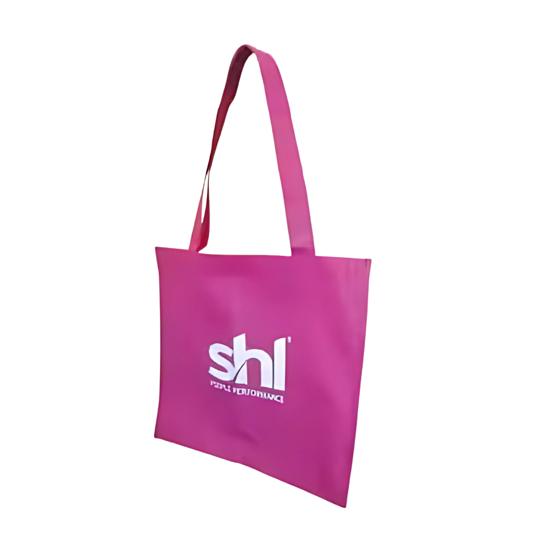 Pink non woven shopping bag with SHL logo in white on front.