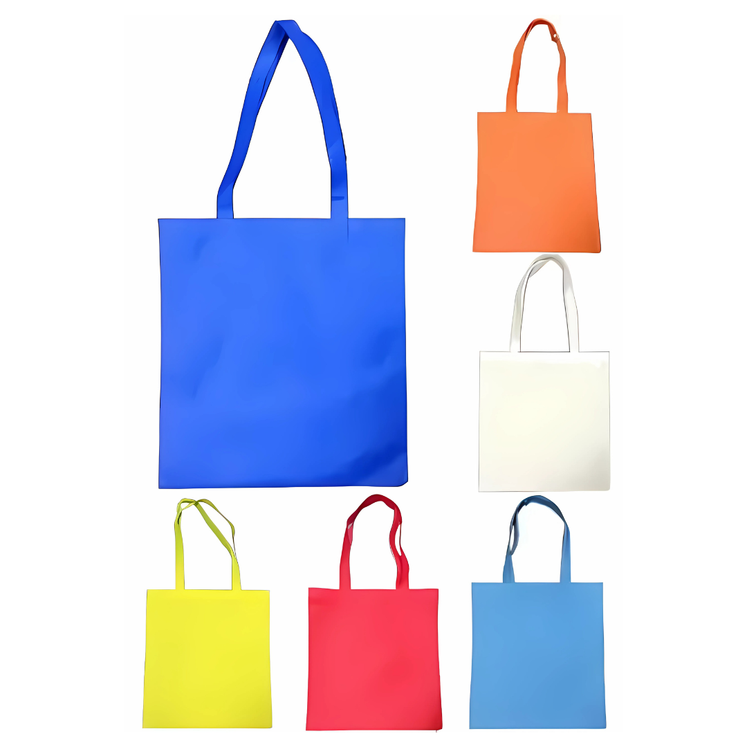 Six vibrant non-woven totes in blue, orange, white, yellow, red, and light blue are displayed vertically. With a simple 38x42cm rectangular shape and long handles, these Non-woven Tote 38x42cm - No Gusset bags blend style with practicality against a plain background.