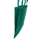 The Non-woven Tote 38x42cm wGusset Local features a vertical green design, two handles, and is viewed from the side. This unadorned bag has a sturdy gusset and appears empty against a white background.