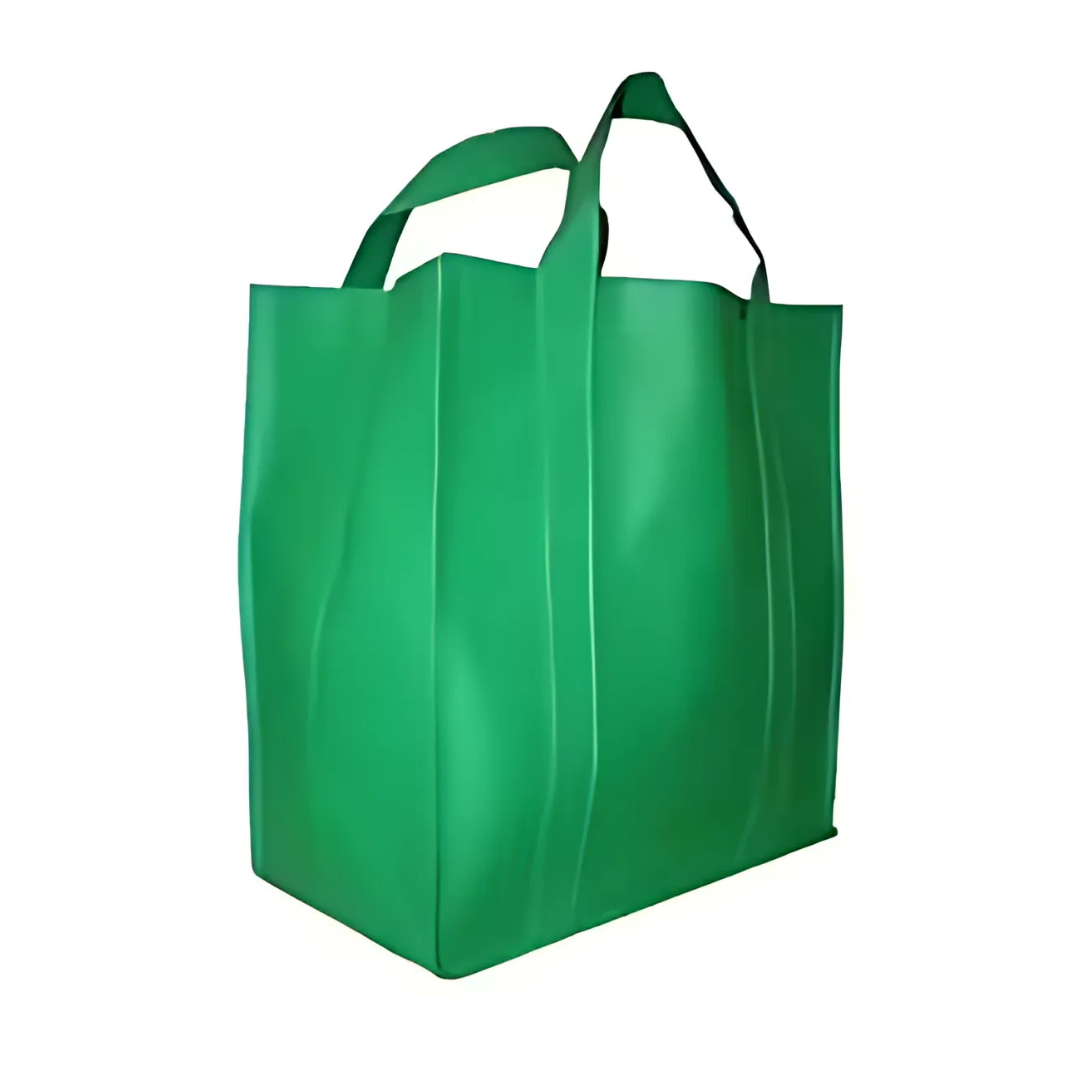 A spacious green non-woven tote, measuring 31cm x 35cm x 23cm, features two sturdy handles. Shown against a white background, its perfect for shopping and reusable.