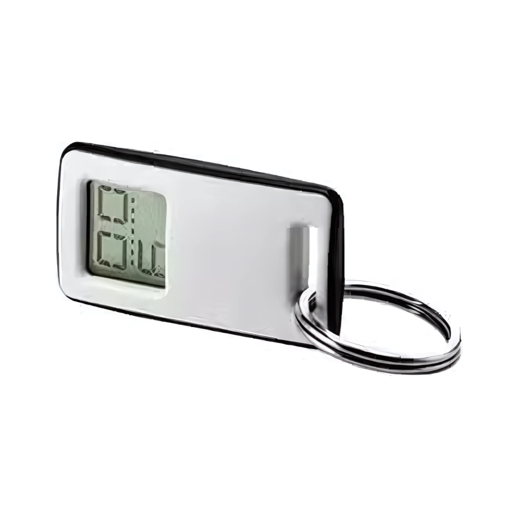 A sleek silver Novelty Promo Keychain Clock with an attached metal ring. The rectangular body features a small digital display, resembling a keychain clock, showing 82.