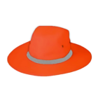 Orange nylon polyester wide brim hat with silver reflective strap on a white background.