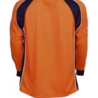 Back view of a long-sleeve orange sports jersey with black and white accents.