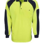Yellow and black long-sleeve polo shirt with front pocket and buttoned collar.
