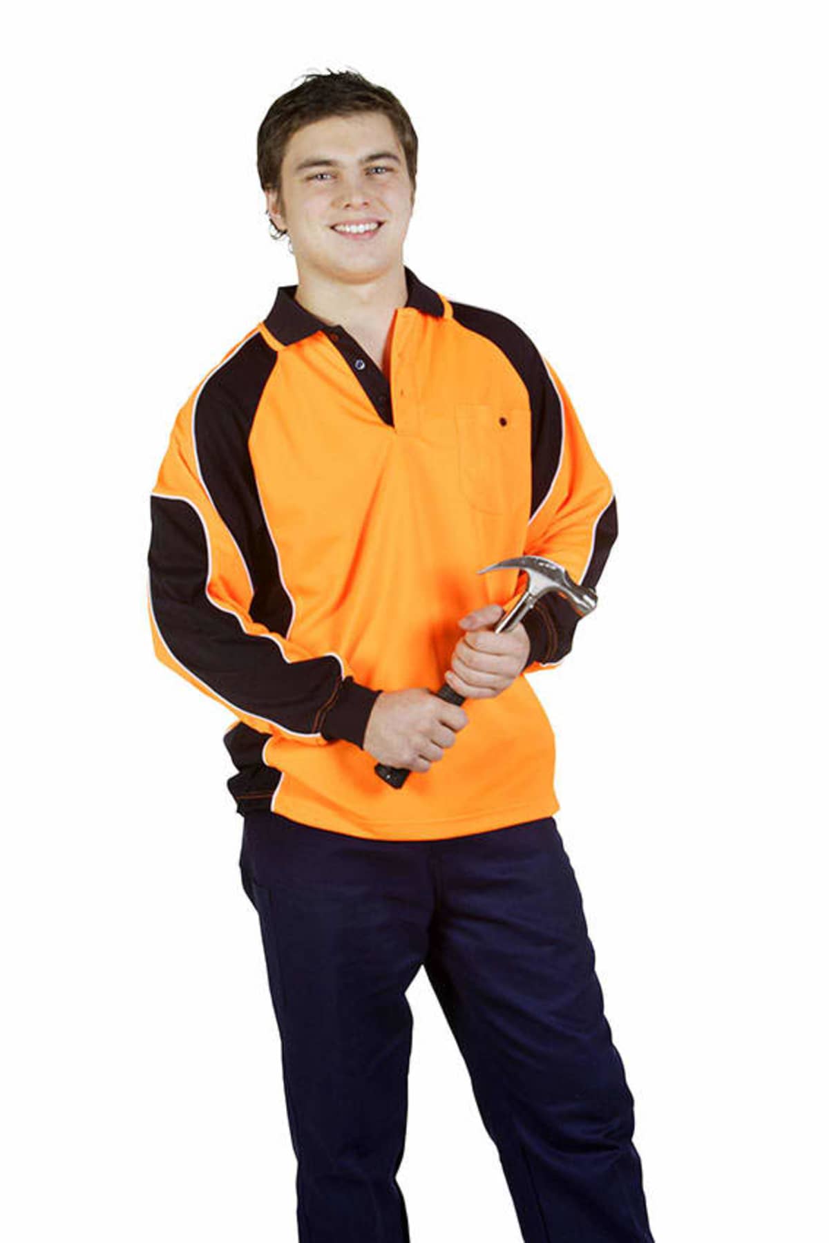 Smiling person in an orange high-visibility shirt holding a hammer against a white background.