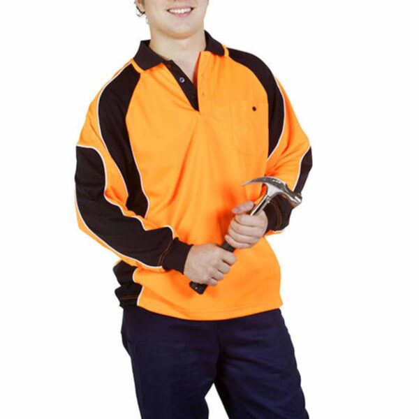 Smiling man in an orange work shirt holding a hammer against a white background.