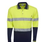 A high-visibility work shirt with long sleeves, featuring bright yellow and navy blue sections. It has reflective horizontal stripes across the chest and sleeves, a collar with striped detailing, and a pocket on the front.