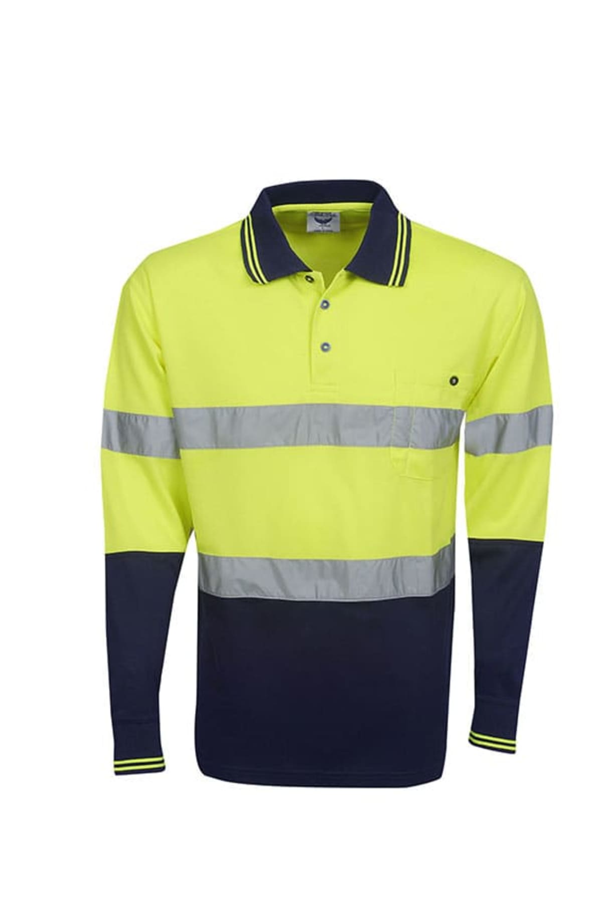 A high-visibility work shirt with long sleeves, featuring bright yellow and navy blue sections. It has reflective horizontal stripes across the chest and sleeves, a collar with striped detailing, and a pocket on the front.