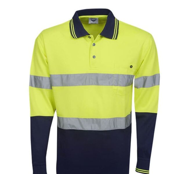 A long-sleeve high-visibility polo shirt with bright yellow and navy blue horizontal stripes. It features reflective bands around the chest and sleeves and a navy collar with yellow stripes.