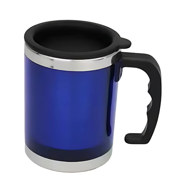 Explore the stylish 400ml Personalised Mars Mug, a blue stainless steel travel mug with a black plastic handle and lid. It boasts silver trim accents at the top and bottom, adding an elegant touch for personalization.