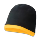 Polar fleece low cut beanie with yellow interior, French roll edge, on white background.