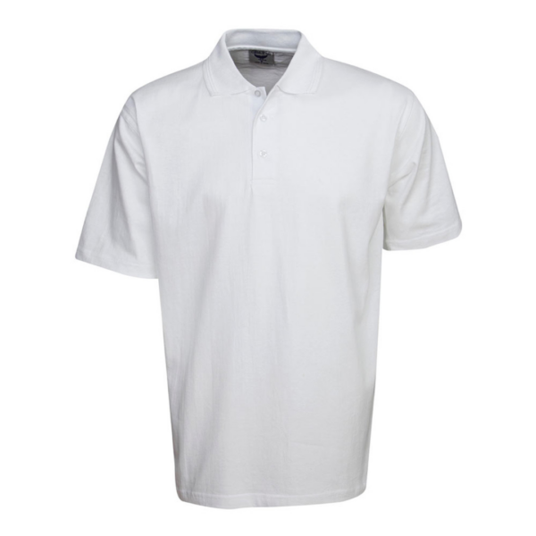 Pre-Shrunk Cotton Polo with collar, short sleeves, on a plain background.