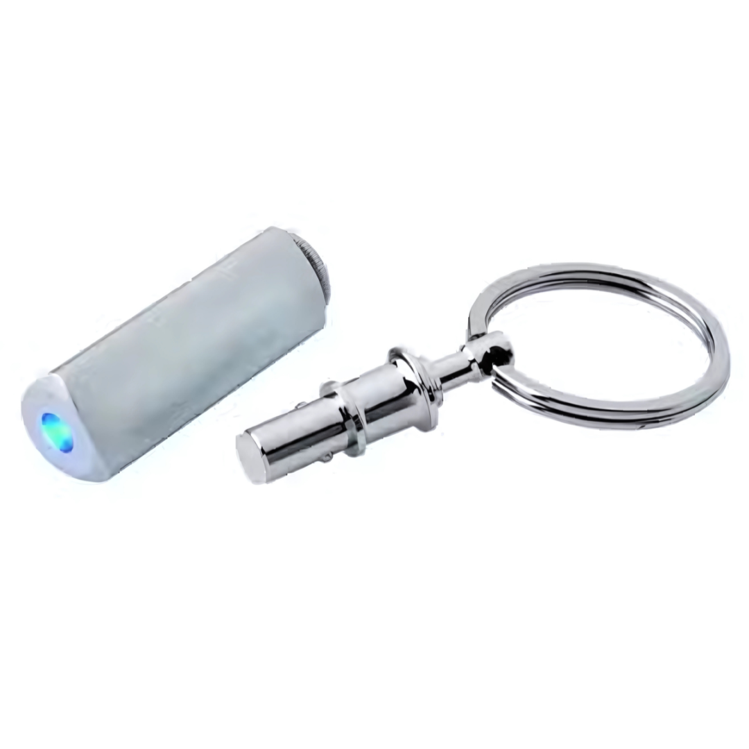 PRECISION KEY TORCH: Silver detachable ring, emits precise blue light.