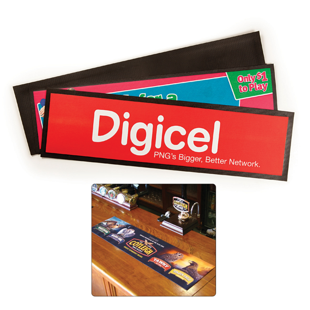 Branded Red Bar Runner with company logo and customised text