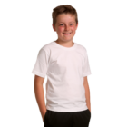A smiling boy with short hair poses in Premium Kids Promotional T Shirts, wearing a plain white tee and black pants. His hands rest casually in his pockets against a sleek white background.