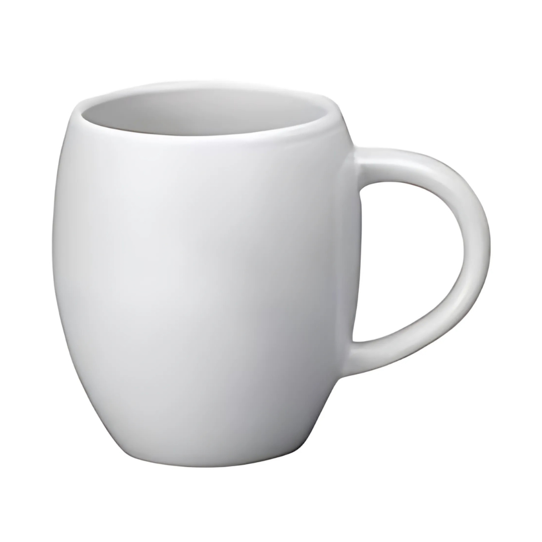 The Printed Barrel SHAPE MUGS feature a plain white ceramic design with a smooth handle, shown slightly tilted to the left against a white background.
