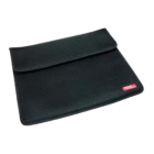 Printed Laptop Case: Black textured sleeve with flap, red label, chic design.