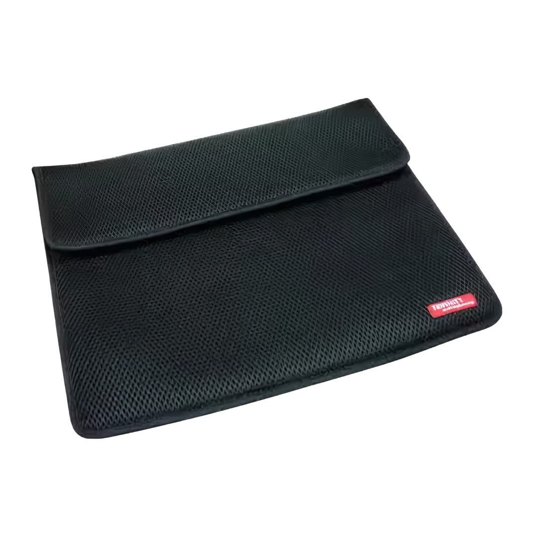 Printed Laptop Case: Black textured sleeve with flap, red label, chic design.
