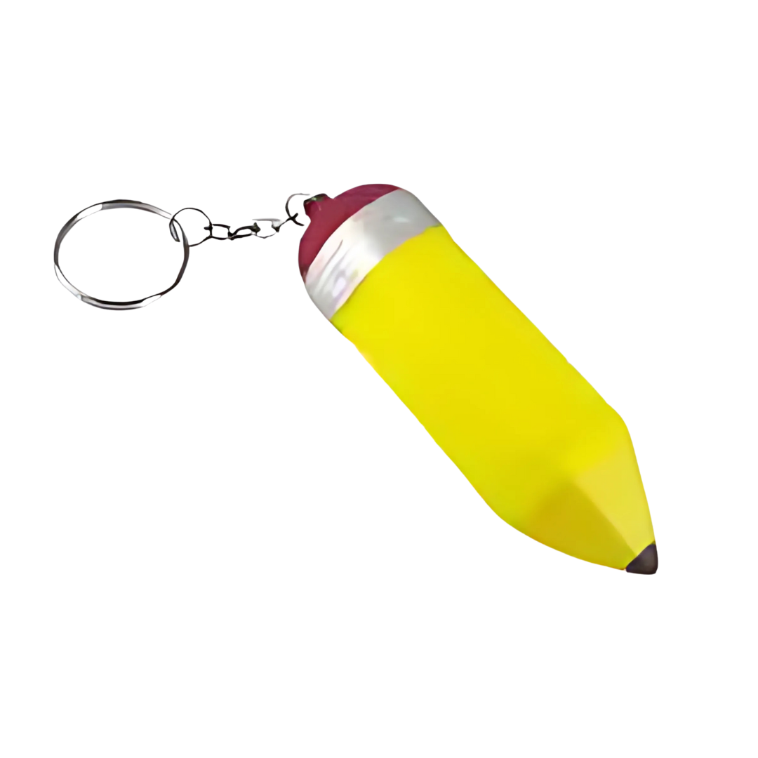The Printed Squish Ball Pencil keychain features a pointed tip and classic design, shaped like a yellow pencil with a pink eraser and silver band. Adorned with printed details, it mimics the look of a traditional wooden pencil while adding character.
