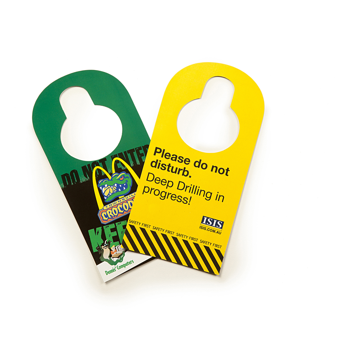 Two door hangers are shown. One is green with a crocodile and reads “Do Not Enter.” The other is yellow with black stripes, saying “Please do not disturb. Deep Drilling in progress!”.