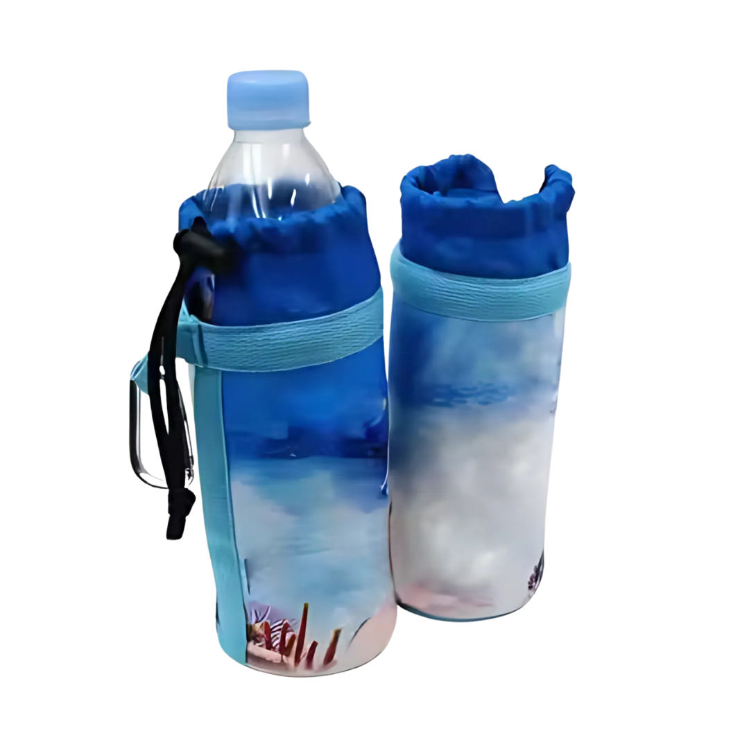 Two promotional blue Water Bottle Stubbies with reusable sleeves and ocean graphics.