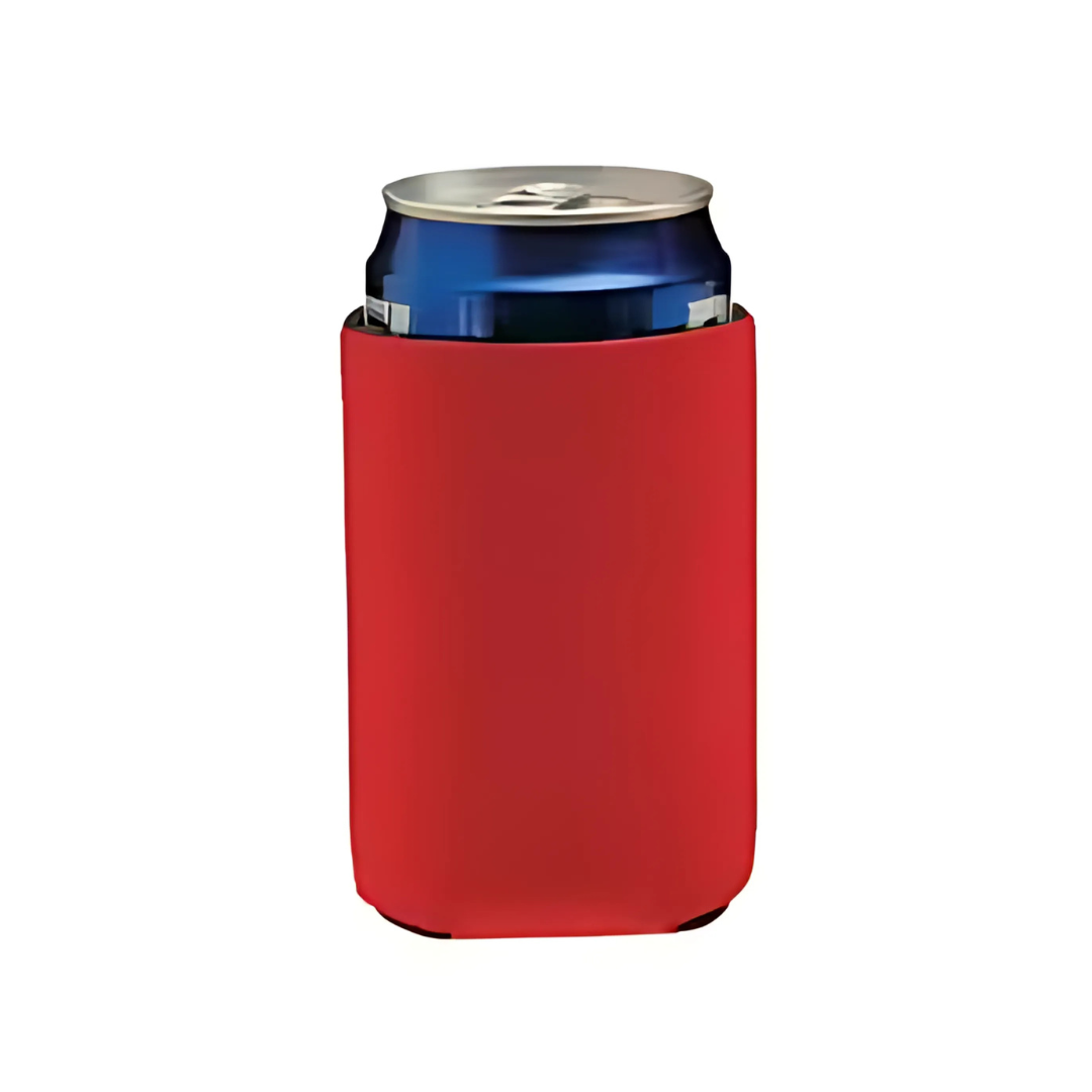 A blue can sits perfectly in a vibrant red Promotional Drink Holder, all set against a crisp white backdrop.