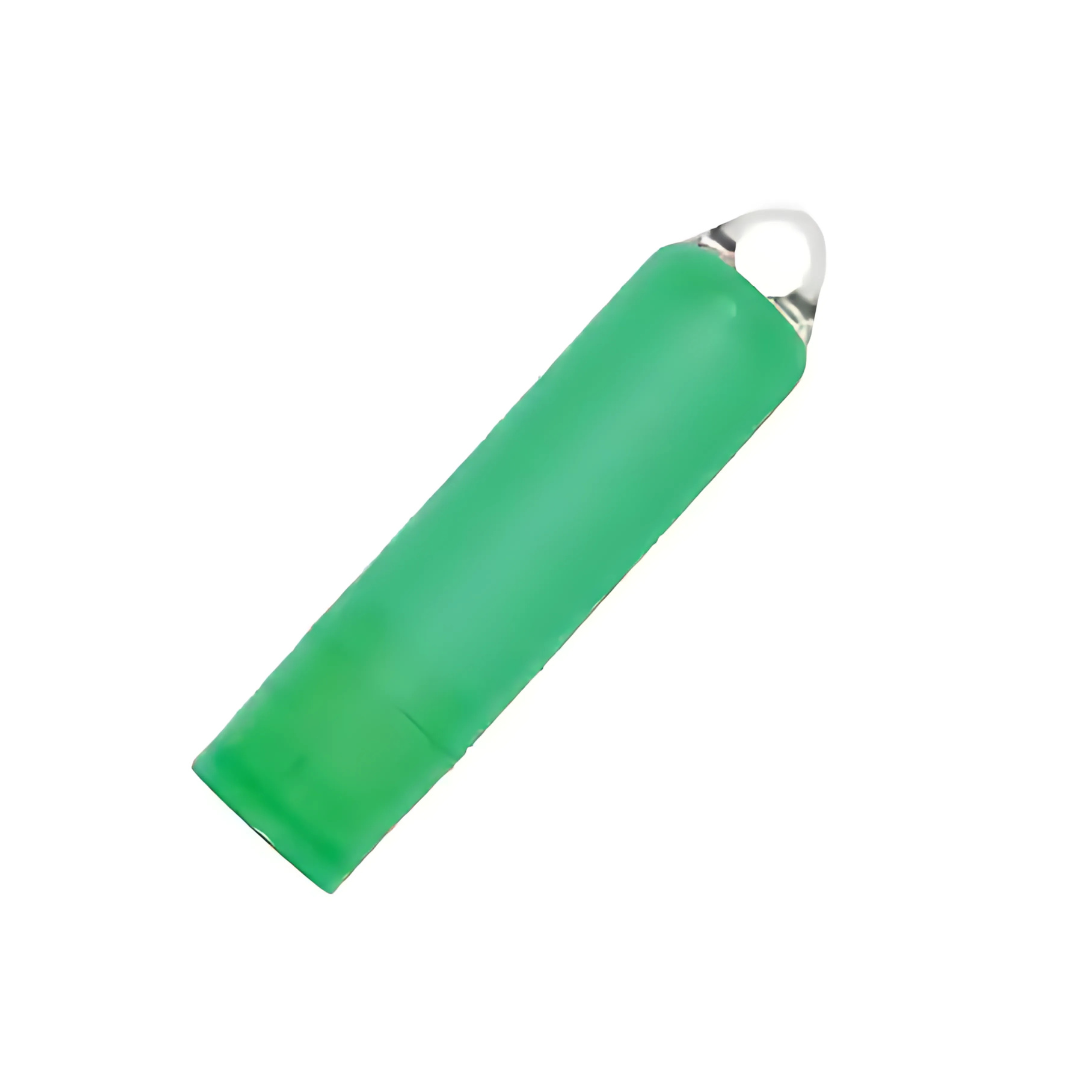 A green cylindrical object, like a pen with a pointed tip and small loop at the top, is set against a white background. Ideal for promotions, this discreet item is the Promotional Lipcare SPF30+, perfect for those on the go.