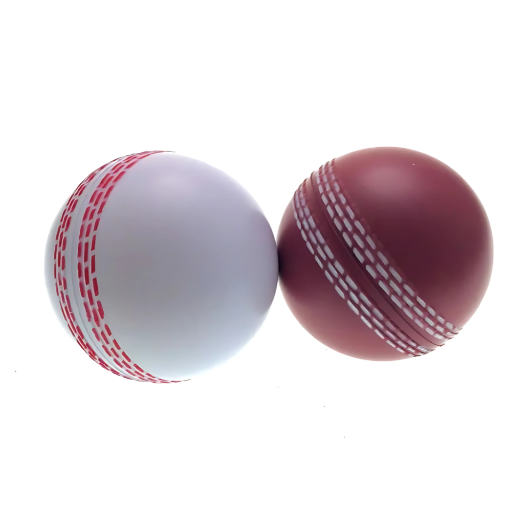 The Promotional Stress Ball Cricket features two cricket balls—one white with pink stitching and one maroon with white stitching—set against a white background. Perfect for promotional events, they serve as stress relievers for cricket fans who want to relax while staying connected to their passion.