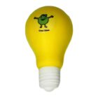 A yellow stress ball shaped like a light bulb with a small green character wearing a blue cap and the text Great Ideas on it.