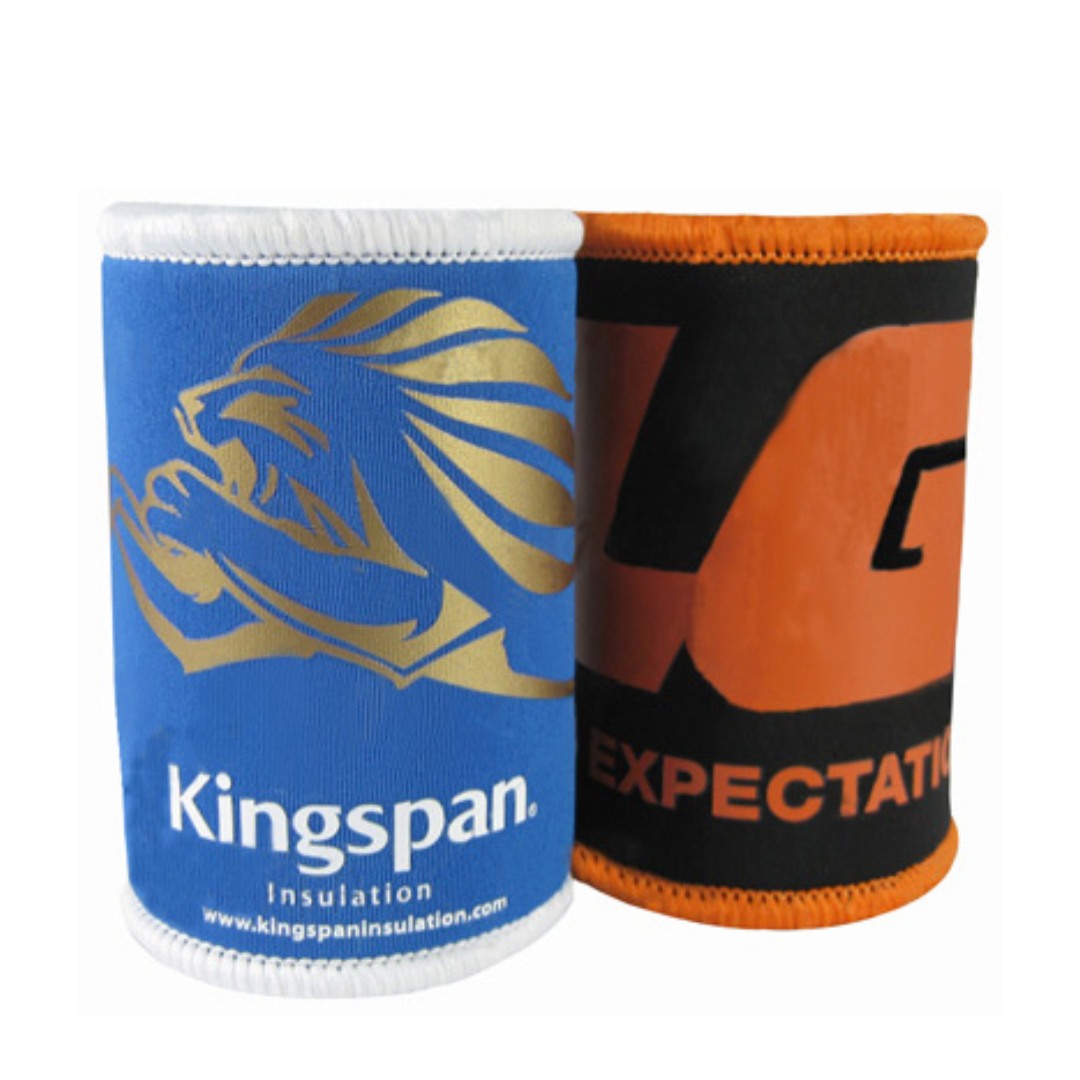 Two Promotional Stubby Holders with branding and logos displayed.