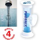 A shower head with running water is shown. Next to it is a clear sand timer labeled Phoenix Plumbing with a suction cup, marked as a 4-minute shower timer with water wise on top.