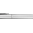 Silver ballpoint pen with a clip lying horizontally on a plain background.