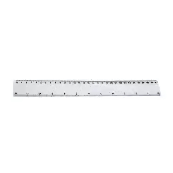 A clear plastic Ruler featuring black markings for centimeters and inches on a white background.
