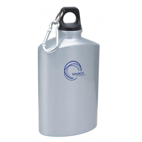 Safari Aluminium Water Bottle: blue logo, black cap, carabiner clip—ideal for a safari.