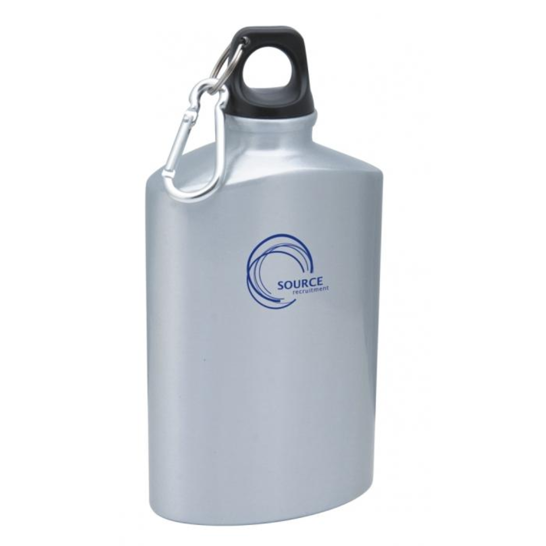 Safari Aluminium Water Bottle: blue logo, black cap, carabiner clip—ideal for a safari.