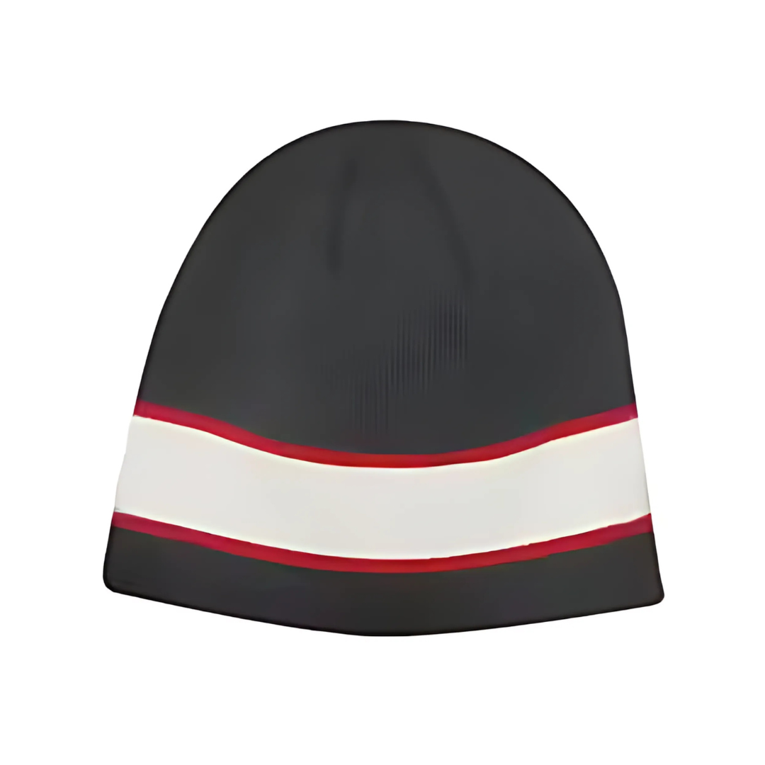 The Sandwich stripe beanie is a black hat with a rounded shape, featuring a stylish white band accented by narrow red edges, reminiscent of classic stripes.