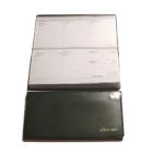 The Slim Range Diary has lined pages with a weekly calendar layout and a small monthly view in the corner. Its dark green cover features a subtle gold imprint, epitomizing elegance.