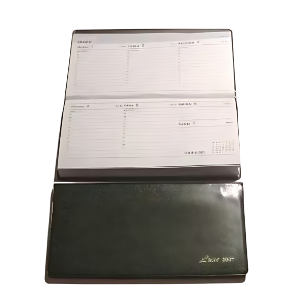 The Slim Range Diary has lined pages with a weekly calendar layout and a small monthly view in the corner. Its dark green cover features a subtle gold imprint, epitomizing elegance.