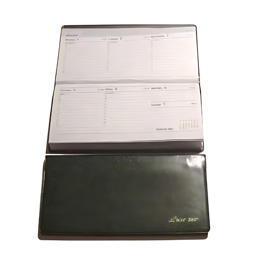 The Slim Range Diary has lined pages with a weekly calendar layout and a small monthly view in the corner. Its dark green cover features a subtle gold imprint, epitomizing elegance.
