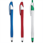 Three pens with stylus tips: blue, red, and silver with green accents, standing upright.