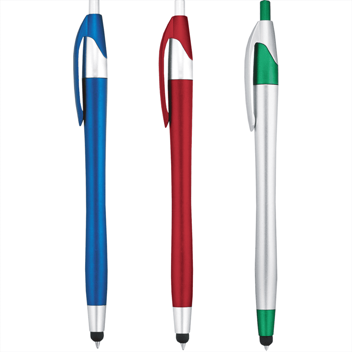 Three pens with stylus tips: blue, red, and silver with green accents, standing upright.