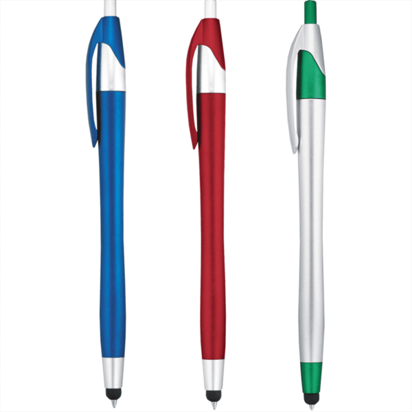 Three pens: blue, red, and green with clips and stylus tips.
