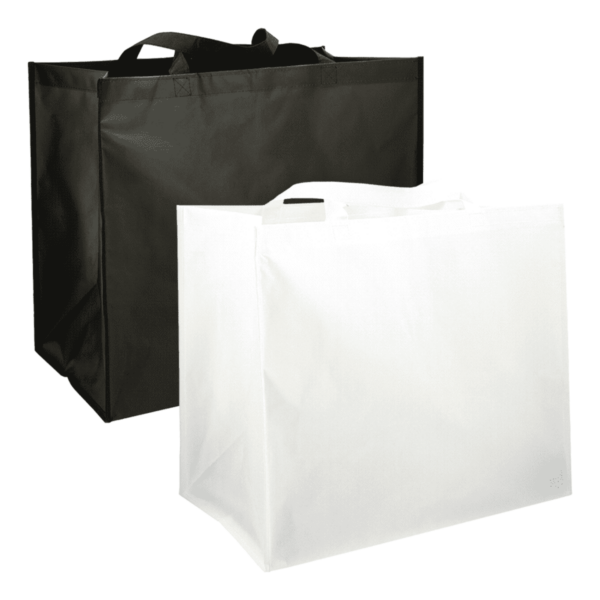 Black and white reusable tote bags side by side.