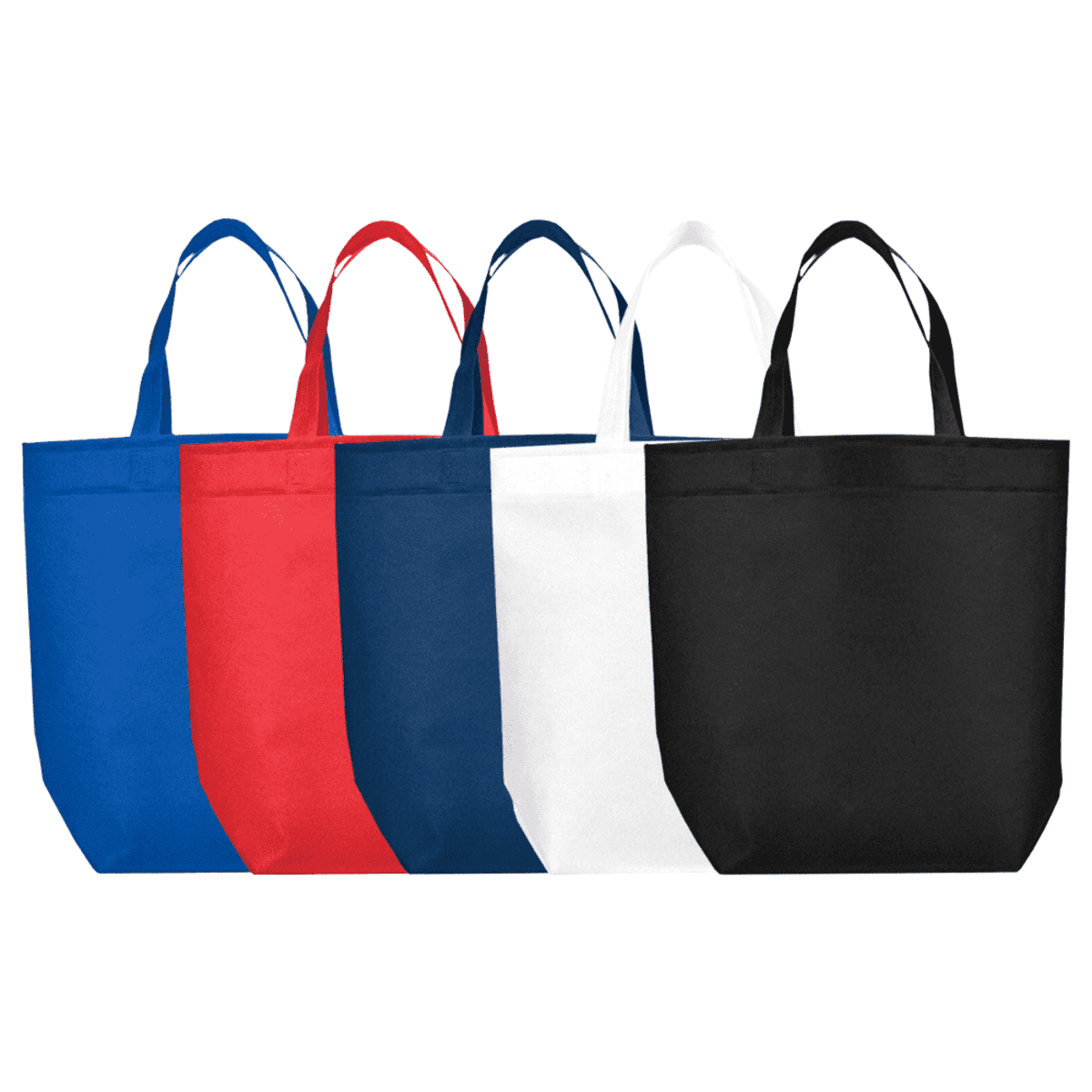 Five tote bags in blue, red, navy, white, and black, aligned side by side.