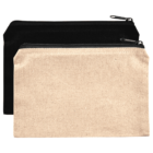 Two zipper pouches, one beige in front and one black behind, both with black zippers.