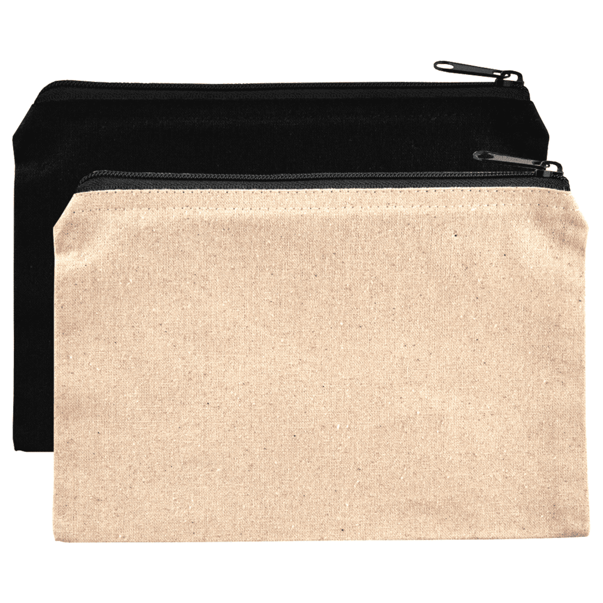 Two zipper pouches, one beige in front and one black behind, both with black zippers.
