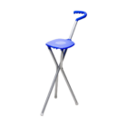 Sport Seat: Blue folding seat with a curved handle and metal legs.