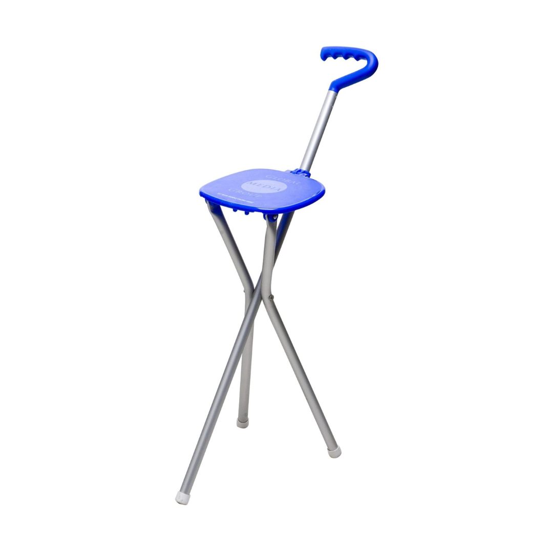 Sport Seat: Blue folding seat with a curved handle and metal legs.